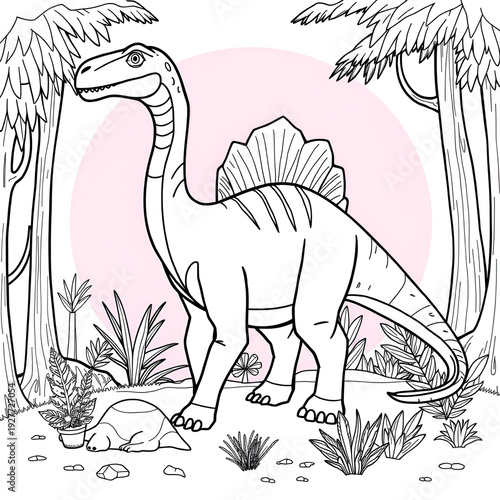 Dinosaurs: A coloring book page featuring a Diplodocus with its long neck and tail