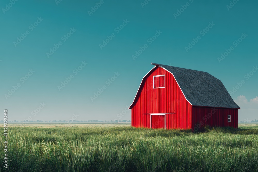 Obraz premium Rural farm landscape with red wooden barn