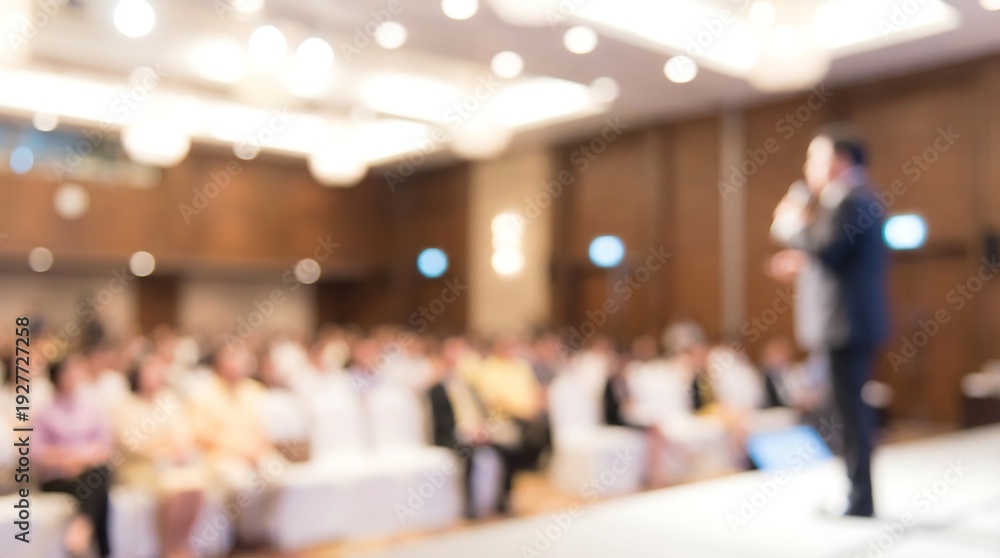 Fototapeta premium A blurred male speaker addresses a large seated audience in a warm-toned conference room or convention hall during a corporate event presentation.