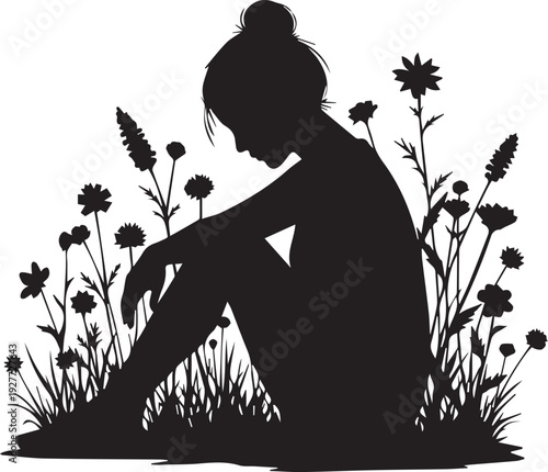 Lonely sad woman sitting in grass among flowers vector silhouette illustration line art