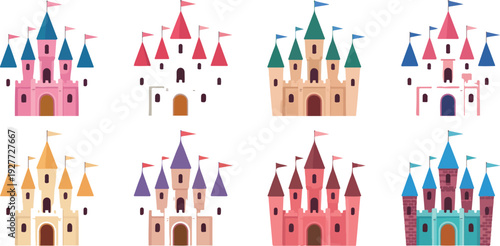 Fairy Tale Princess Castle Vector Set  Cute Fantasy Kingdom Buildings Collection for Kids Storybook Design