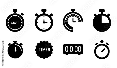 Countdown timer and stopwatch glyph icon set solid clock vector symbols isolated on white background