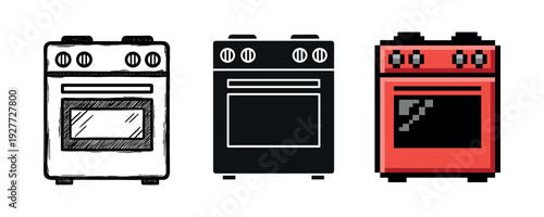 Set of three retro style ovens in black, white, and red variants