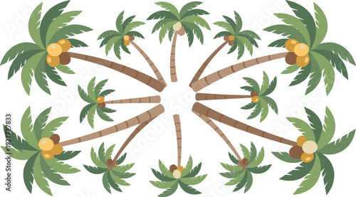 Coconut palm tree vector set with tropical beach landscape elements and different angles for summer island travel design.