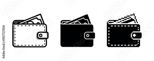 Set of wallet icons with money in retro, silhouette, and pixel art styles