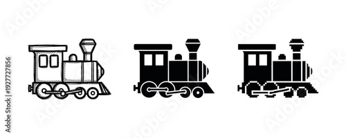 Set of three train engine illustrations: sketch, silhouette, pixel art styles