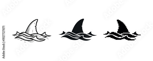 Shark fin icons: vintage, modern, and pixel art styles in black and white
