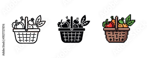 Set of three diverse fruit baskets in line-art and pixel art styles