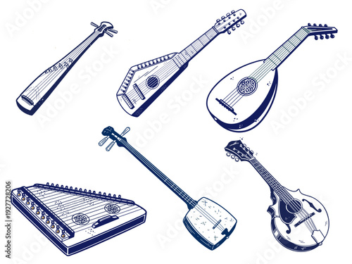 Diverse String Instruments Collection Vintage Hand Drawn Art Guqin Balalaika Lute Shamisen Yangqin Mandolin Musical Instrument Set