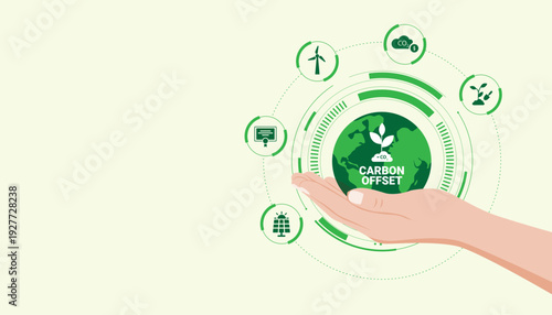 Carbon offset concept with hand holding earth and renewable energy icons representing emission reduction, carbon neutrality, climate action and sustainable business strategy.
