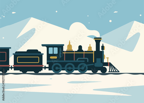 Steam Train Journey in the Ice Mountains Illustration Creative Design Template 