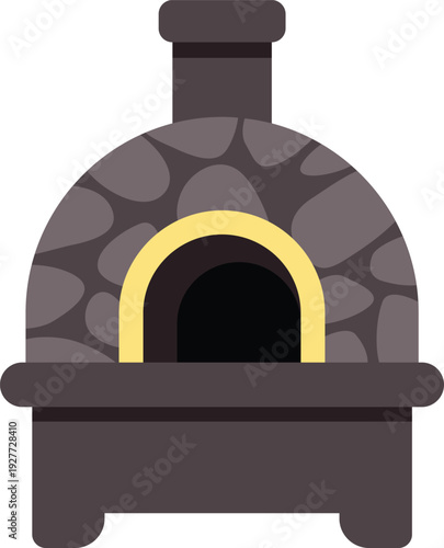 Stone oven with chimney and arched opening for cooking pizza