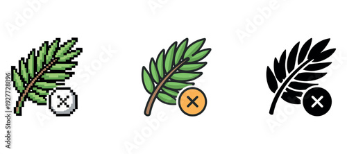 Pixel, colored, and silhouette leaf icons with cross symbol