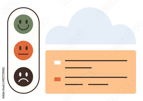 Customer feedback, user rating, data storage, online surveys, UX design, customer experience. happy face rating scale with a cloud and list format. Customer feedback and user rating concept