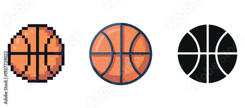 Pixel, cartoon, and silhouette basketball icons on white background