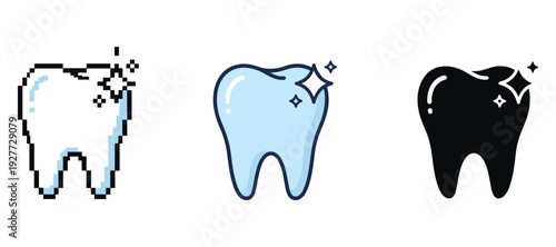 Pixelated, glossy, and silhouette tooth icons with sparkles on white background