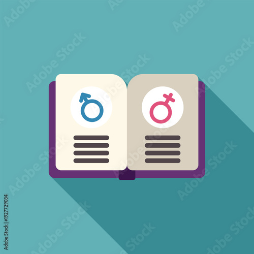 Book illustrating male and female gender symbols on separate pages, representing gender identity and education