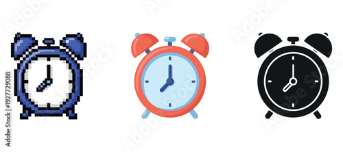 Set of three alarm clock icons: pixelated, cartoon, silhouette styles