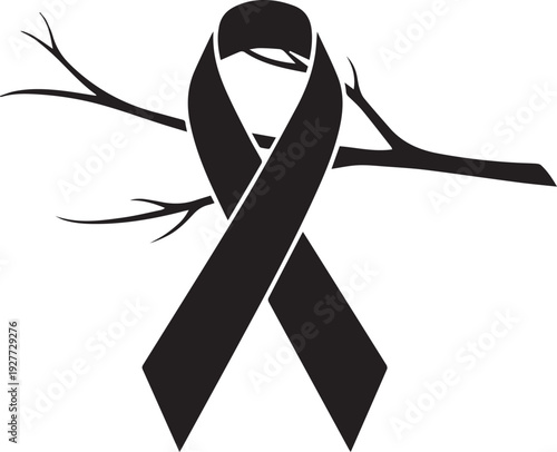 Black mourning ribbon vector silhouette illustration on tree branch background