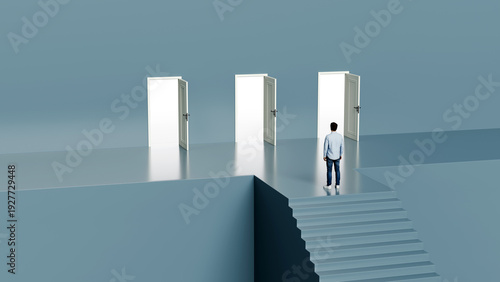 Man standing at the top of a staircase facing three open doors with light representing career choices and opportunities, 3d render