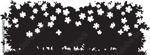 Flowering shrub vector silhouette illustration with blooming flowers and grass line art