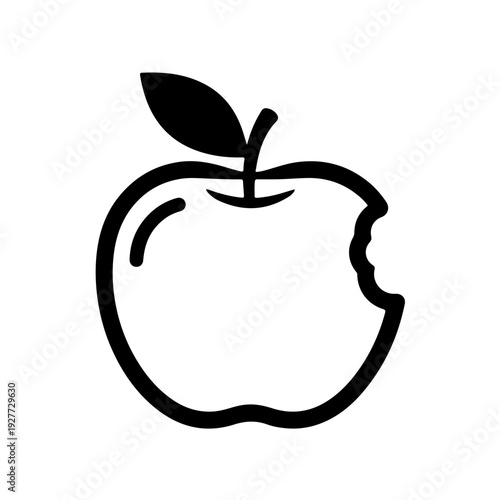 Bitten apple icon, Forbidden Fruit, minimalist style, black and white, representing temptation and knowledge.