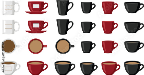 Coffee mug set in different colors with top view and side view ceramic cups collection for cafe branding beverage menu and kitchen design.