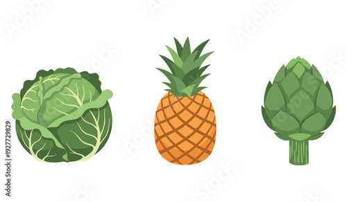 Cabbage, pineapple, and artichoke - fresh produce variety