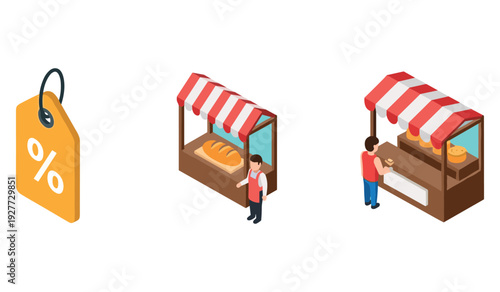 Isometric discount tag and bakery stands with customers and fresh breads