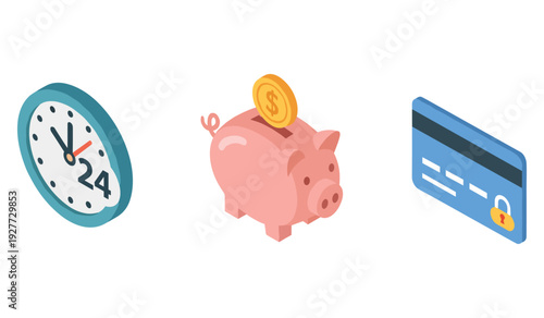 Time management and financial savings icons with clock piggy bank credit card