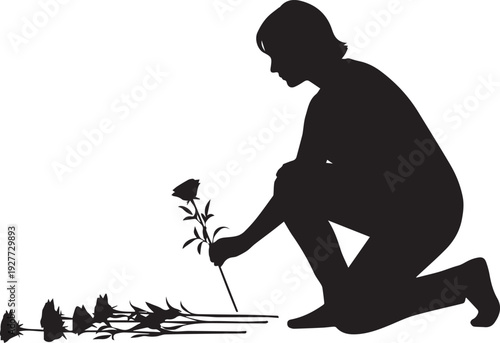 Silhouette of person kneeling to place flowers on graves vector illustration