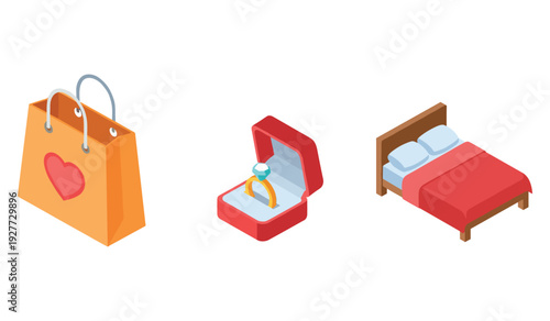 Shopping bag with heart, engagement ring, and red bed icon set