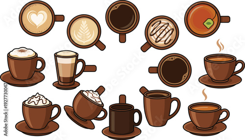 Coffee drinks vector set with cappuccino latte espresso tea and hot chocolate cups for cafe menu and beverage design.