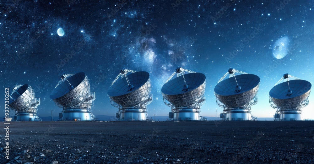 Fototapeta premium Radio telescopes observe night sky. Desert landscape provides backdrop for astronomical research. Stars, galaxies visible. Blue tones dominate image.