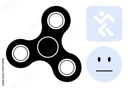 Stress relief, motion dynamics, relaxation tools, focus improvement, mental health, physical activity. Black fidget spinner next to a neutral face and movement icon. Stress relief and motion dynamics