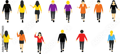 Walking people vector collection, men and women characters front back view, casual pedestrian illustration isolated set design