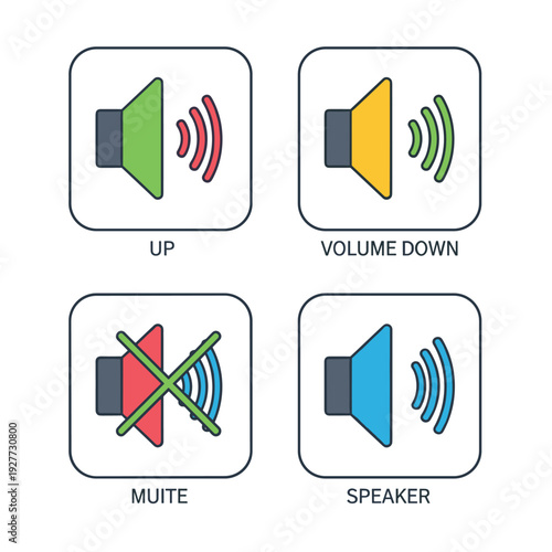 Audio control icons representing volume up down mute and speaker symbols.
