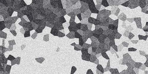 Geometric abstract grayscale background with mosaic-like polygons and speckled noise creating a fragmented textured surface ideal for graphic design and digital art applications
