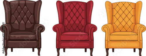 Wingback armchair vector illustration set, classic luxury furniture icons, vintage leather chairs isolated interior design collection