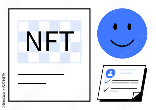 NFT concept. NFT design showcases blockchain technology, user identity checklist, and digital ownership. NFT art communicates authentication and asset verification. For blockchain designs, digital