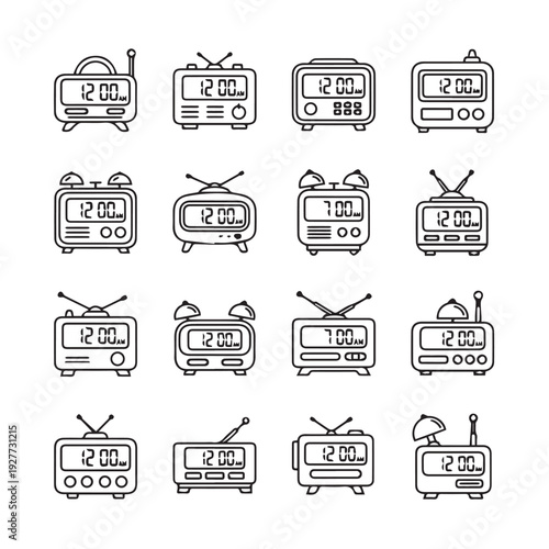 Collection of Line Art Alarm Clocks and Digital Clocks with Time Displays