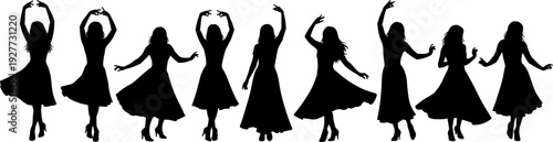 Women dancing silhouettes collection, female dancer poses elegant dress movement vector illustration isolated design set for party performance theme