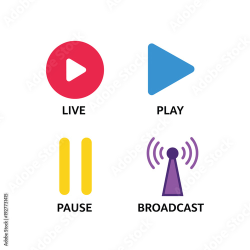Set of four colorful media player and broadcast icons.