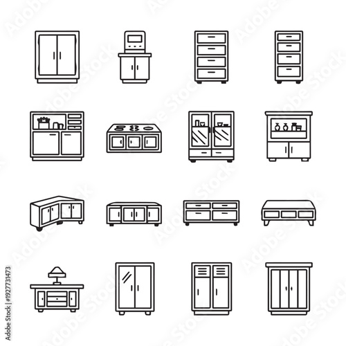 Collection of Line Art Furniture Icons: Cabinets Dressers and Storage Units