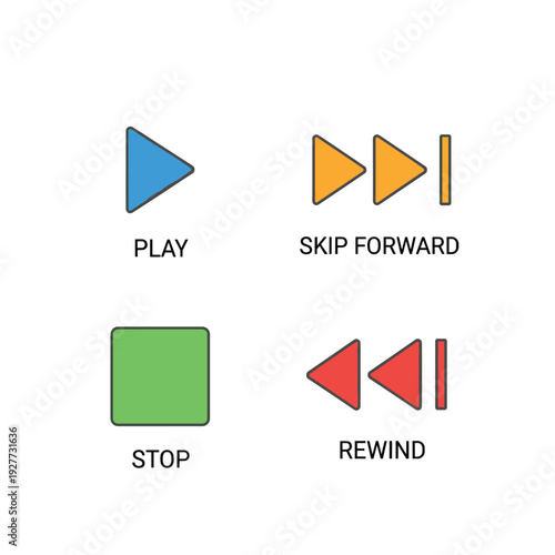 Media Player Control Icons - Play, Skip, Stop, Rewind in Color.