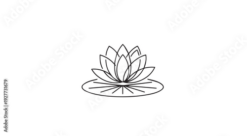 Minimalist black and white line art lotus flower on lily pad simple design isolated on white background