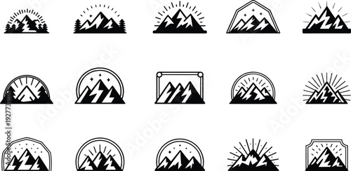 Mountain badge icon set featuring alpine landscape emblems, adventure outdoor symbols, minimalist vintage flat vector collection