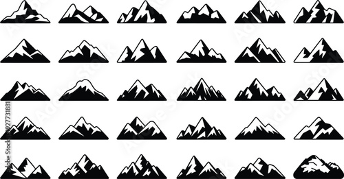 Mountain silhouette icon mega pack featuring alpine peak variations, rugged landscape adventure minimalist outdoor flat vector collection