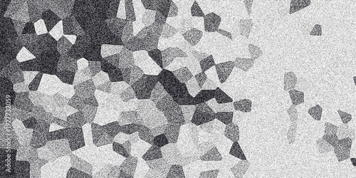 Geometric abstract grayscale background with a mosaic of irregular polygonal shapes and a grainy noise texture, creating a fragmented and textured visual