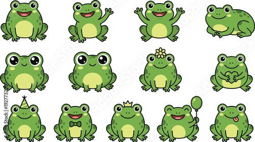 Cute frog character set in different poses cartoon amphibian collection for kids stickers mascots birthday themes and nature related designs.